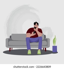 Young man using smartphones. Vector flat cartoon illustration. Bearded man sits in the sofa