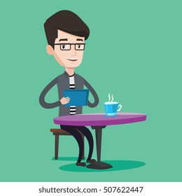 Young man using a tablet computer in a cafe. Happy man surfing in the social network. Social network concept. Man rewriting in social network in a cafe. Vector flat design illustration. Square layout.