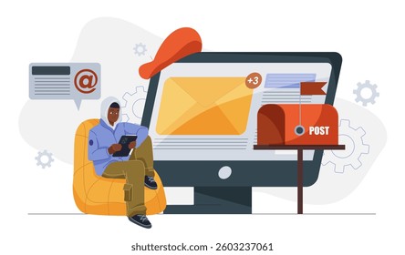 A young man using a tablet sits on a bean bag next to a large computer screen displaying an email notification. A red mailbox symbolizes digital correspondence. Vector illustration