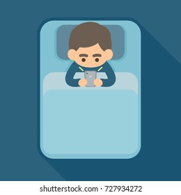 Young man using text on smartphone in bed, addiction technology and internet social network concept, Vector icon illustration.