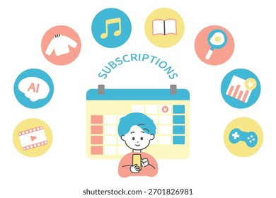 Um jovem usando várias assinaturas, aplicativos e serviços.