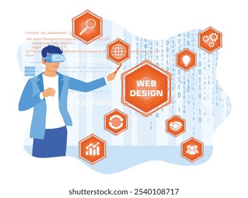 Young man using virtual glasses. Developing internet and network technology. Web design concept. Flat vector illustration.
