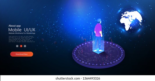A young man  using virtual reality glasses  looks stars space, earth.For concept design. Virtual augmented reality.Virtual technology. Future technology. Vr headset. People vector illustration.