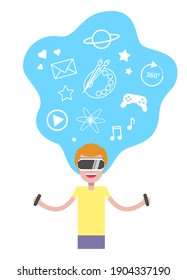 A young man using virtual reality headset and motion controllers for the entertainment. VR escape concept. Flat vector cartoon simple character illustration.