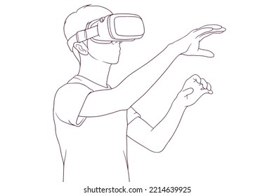 Young man using virtual reality headset hand drawn style vector illustration