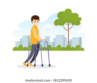 Young Man Using Walkers while Walking on the Street, Disabled Person Strolling in Park Cartoon Vector Illustration