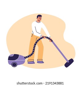 Young Man Vaccuuming Home. House Husband Cleaning With Vaccuum Cleaner. Flat Cartoon Vector Illustrtion, Trendy Colors, Isolated On White Background.