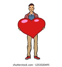 young man with valentine heart. Comic cartoon pop art retro vector illustration drawing