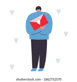 Young man with valentines, letter. Cartoon flat man vector. Valentine's Day. Happy loving couples icons. Winter holidays people illustration. Love. Relationship. Message