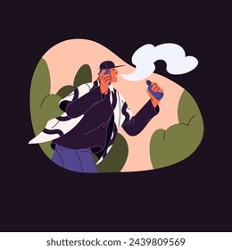 Young man vaper walks, talks by phone. Hurry guy vaping, smokes electronic cigarette on the go. Character smoker inhaling flavor fume, vapor. Nicotine addiction. Flat isolated vector illustration