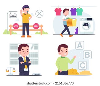 Young man with various activity, Blow whistle and raise hand forbidden. do housework with Wash clothes by washing machine. teacher in class, and smart lawyer in cartoon character, vector illustration