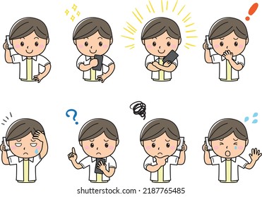 A young man with various facial expressions and poses while holding a smartphone