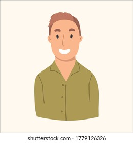 Young man vector cartoon character in green blouse and brown hair. Hand drawn portrait illustation.