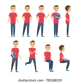 Young man vector character set in flat cartoon style, different poses standing and sitting. Student, office worker in casual clothes.