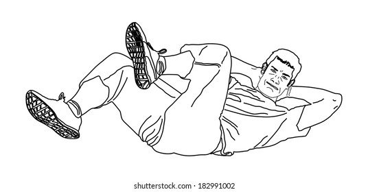 Young man vector exercising by doing sit-ups. High detailed illustration.