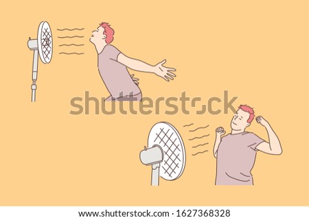 Young man with ventilator, coolness and freshness concept. Heat recovery, hot weather, cooling, climate control, room temperature regulation, boy with air conditioner. Simple flat vector