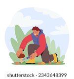 Young Man Ventures Into The Forest To Pick Mushrooms. Male Character Carefully Foraging Among The Trees And Foliage To Discover Edible Treasures of Nature. Cartoon People Vector Illustration