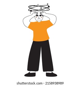 Young man with vertigo.Person holds his hands on head.Sick man having dizzy symptom.Doodle sketch style vector illustration. Isolated on white background.
