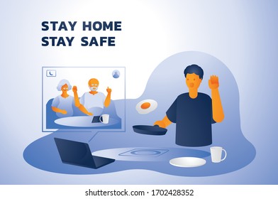young man video call with parents while cooking at home vector illustration.