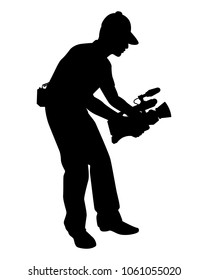 Young man with video camera silhouette vector