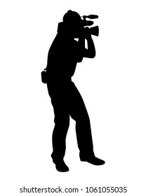 Young man with video camera silhouette vector