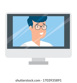 young man in video conference in computer vector illustration design