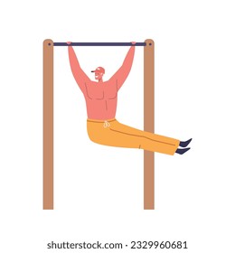 Young Man Vigorously Exercises On A Horizontal Bar Isolated on White Background, Male Character Showcasing His Strength