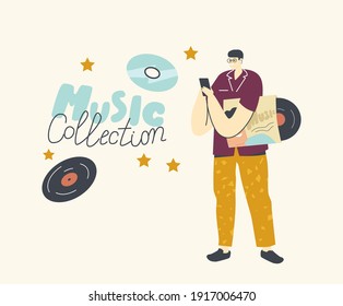 Joven con Vinyl o Cd Disk Listen Music Collection Playlist en aplicación de teléfono móvil. Carácter Masculino Disfrutando De La Colección De Composición De Sonido, Relajante Concepto De Hobby. Ilustración del vector de dibujos animados