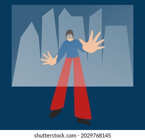 Young man in virtual headset play in game. Girl have fun testing new device. Woman in virtual reality glasses walk in city.  3d reality tour in VR goggles. Flat vector illustration