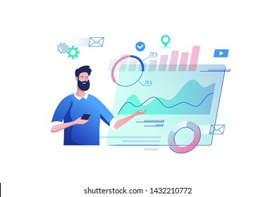 Young man with a virtual monitor. Concept of digital technology. Remote business process management. Vector illustration.