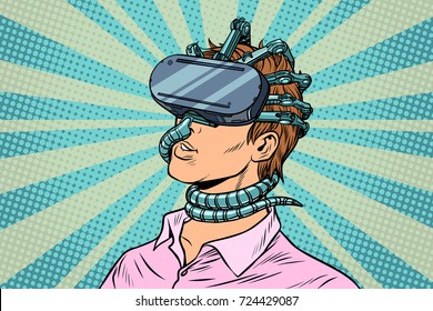 young man in a virtual reality, gadget parasite. Pop art retro vector vintage illustrations