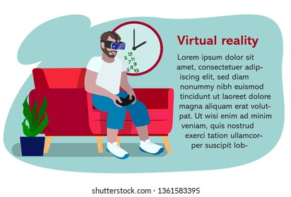 Young man in virtual reality glasses is sitting on red couch and playing. Cartoon style isolated vector illustration.