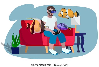 Young man in virtual reality glasses is sitting on red couch and playing. Virtual fish surrounding him. Meta universe concept. Cartoon style isolated vector illustration.