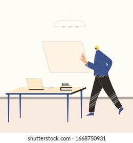 Young man in virtual reality glasses working with data in his office. Male business character with vr headset.  Student preparing for examination with technology. Vector flat color illustration.