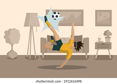 Young Man In Virtual Reality Glasses Play Football Over Home Interior Background. Modern Vr Technology Concept.