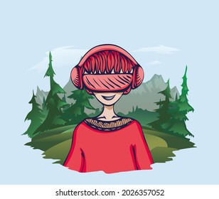 A young man in virtual reality glasses in nature, vector illustration.
