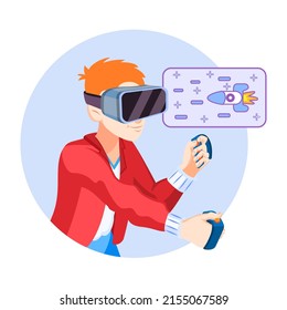 Young man Virtual reality glasses Game simulator Vector illustration