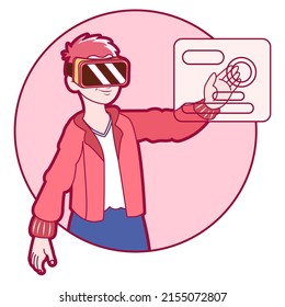 Hombre joven Gafas de realidad virtual Simulator de juego Ilustración vectorial