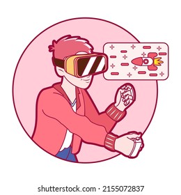 Hombre joven Gafas de realidad virtual Simulator de juego Ilustración vectorial
