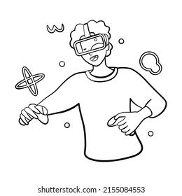 Young man Virtual reality glasses Game simulator Vector illustration