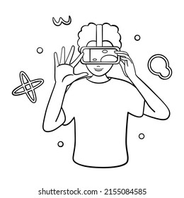 Young man Virtual reality glasses Game simulator Vector illustration