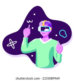 Young man Virtual reality glasses Game simulator Vector illustration