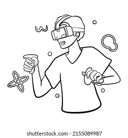 Young man Virtual reality glasses Game simulator Vector illustration