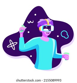 Young man Virtual reality glasses Game simulator Vector illustration