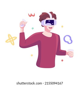 Hombre joven Gafas de realidad virtual Simulator de juego Ilustración vectorial