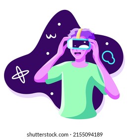 Young man Virtual reality glasses Game simulator Vector illustration
