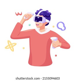Young man Virtual reality glasses Game simulator Vector illustration