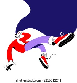 A young man in virtual reality glasses is levitating in the air. Vector illustration in a modern flat style on the theme of virtual reality and the metaverse.