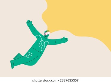 A young man in virtual reality glasses is levitating in the air. Colorful vector illustration
