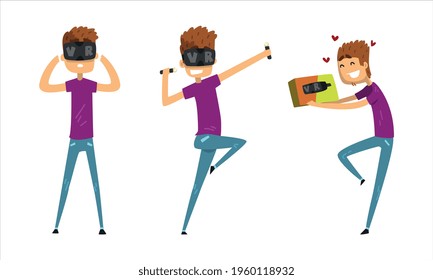 Joven con auriculares de realidad virtual, tipo con casco VR Jugando Videojuegos, Deportes y Entretenimiento Vector Ilustración